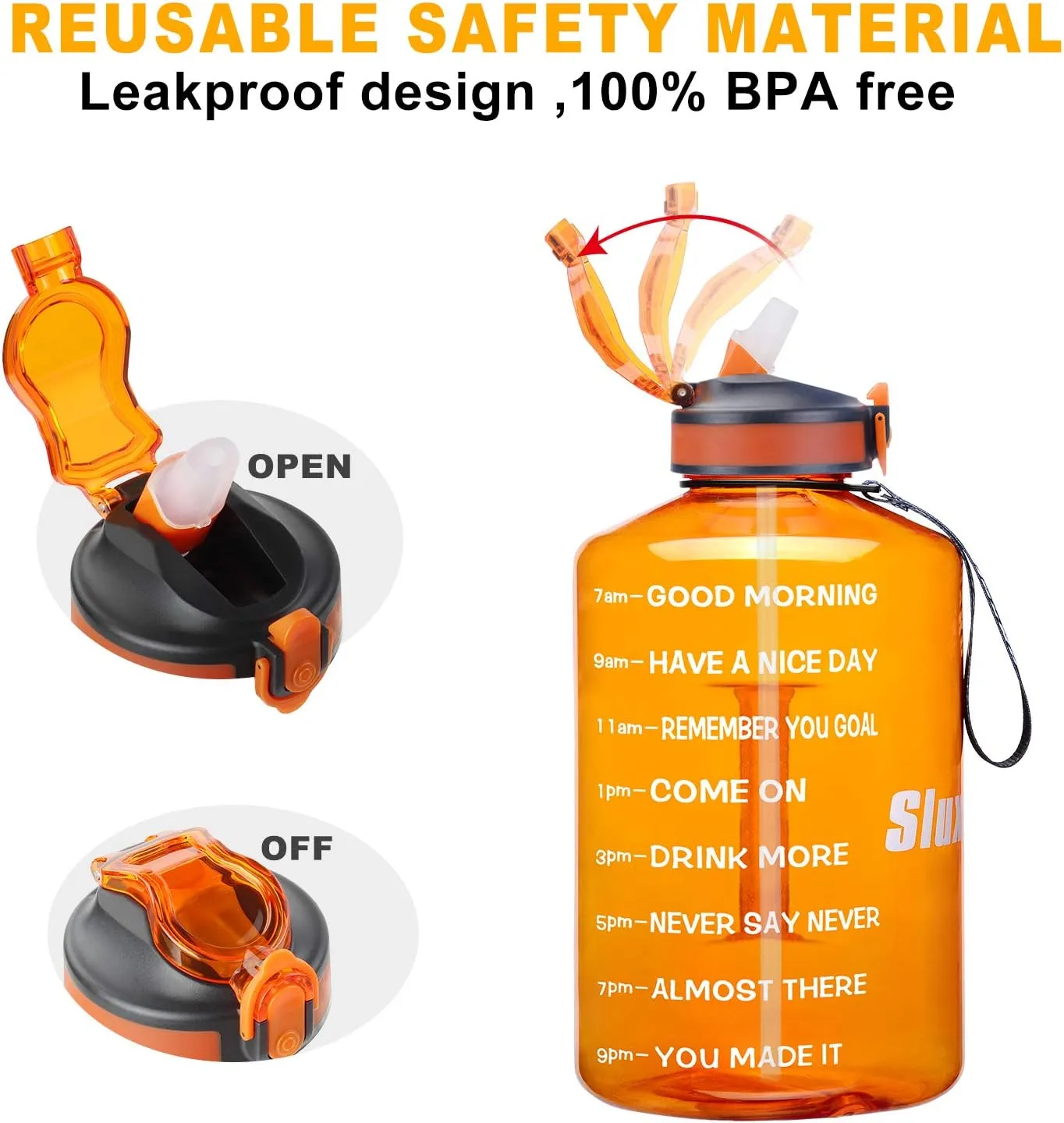 1 Gallon Motivational Sports Water Bottle with Time Marker, BPA Free 128oz Leak Proof Jug, Black, Plastic, 128 ounces, Fitness, Sports, Outdoor Activities