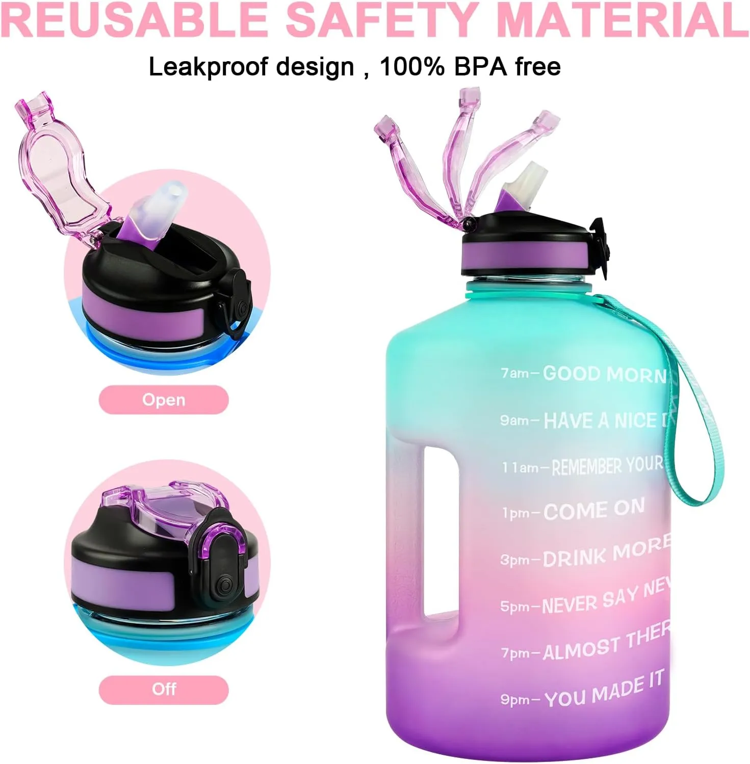 1 Gallon Motivational Sports Water Bottle with Time Marker, BPA Free 128oz Leak Proof Jug, Black, Plastic, 128 ounces, Fitness, Sports, Outdoor Activities