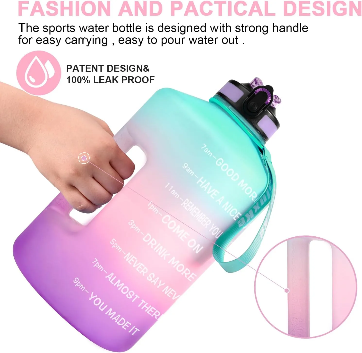 1 Gallon Motivational Sports Water Bottle with Time Marker, BPA Free 128oz Leak Proof Jug, Black, Plastic, 128 ounces, Fitness, Sports, Outdoor Activities