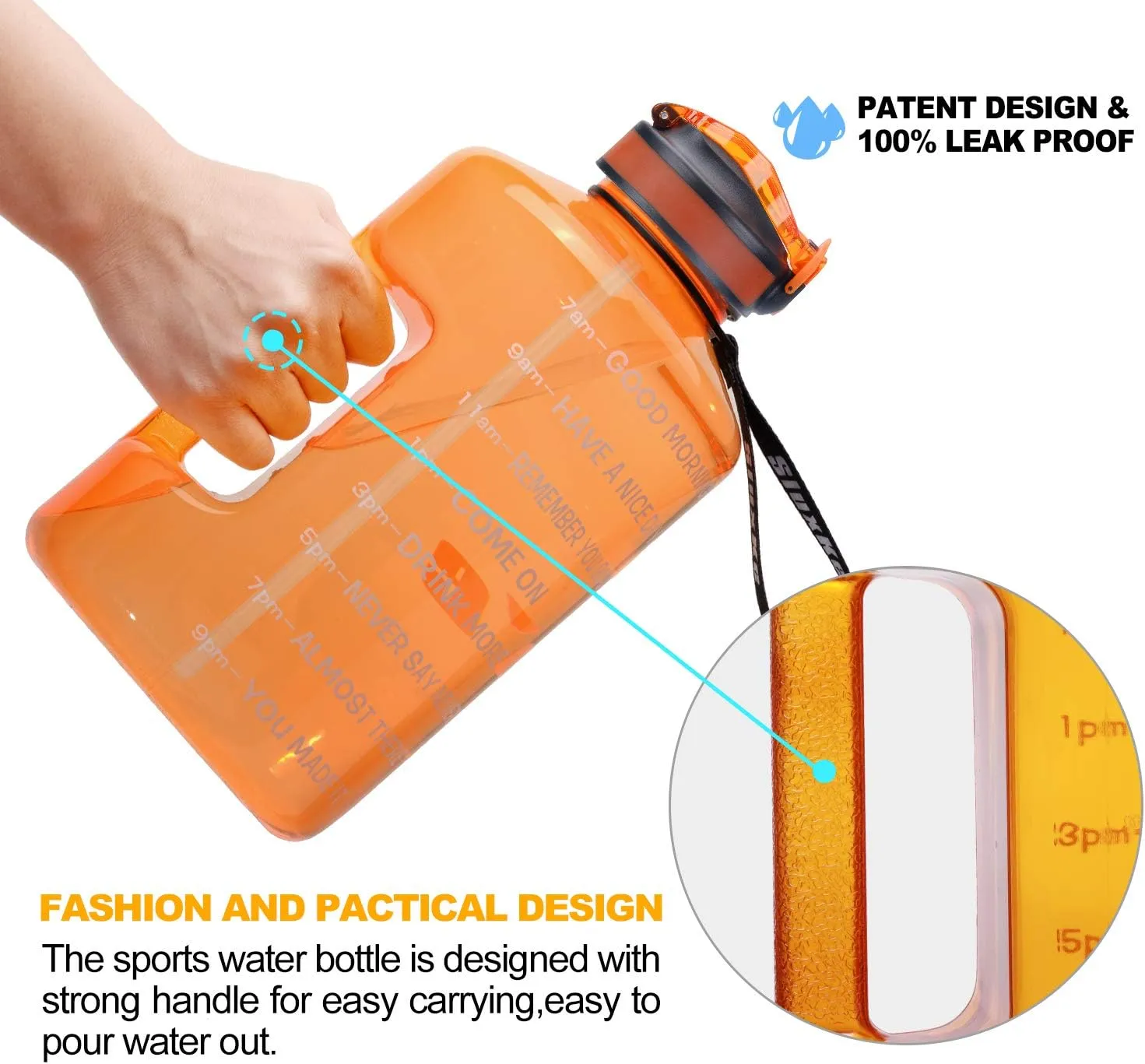 1 Gallon Motivational Sports Water Bottle with Time Marker, BPA Free 128oz Leak Proof Jug, Black, Plastic, 128 ounces, Fitness, Sports, Outdoor Activities