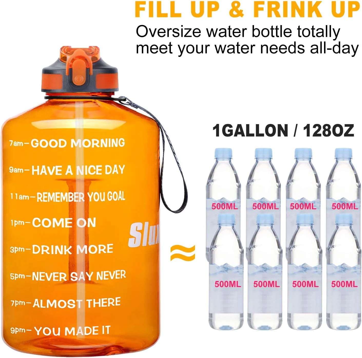 1 Gallon Motivational Sports Water Bottle with Time Marker, BPA Free 128oz Leak Proof Jug, Black, Plastic, 128 ounces, Fitness, Sports, Outdoor Activities