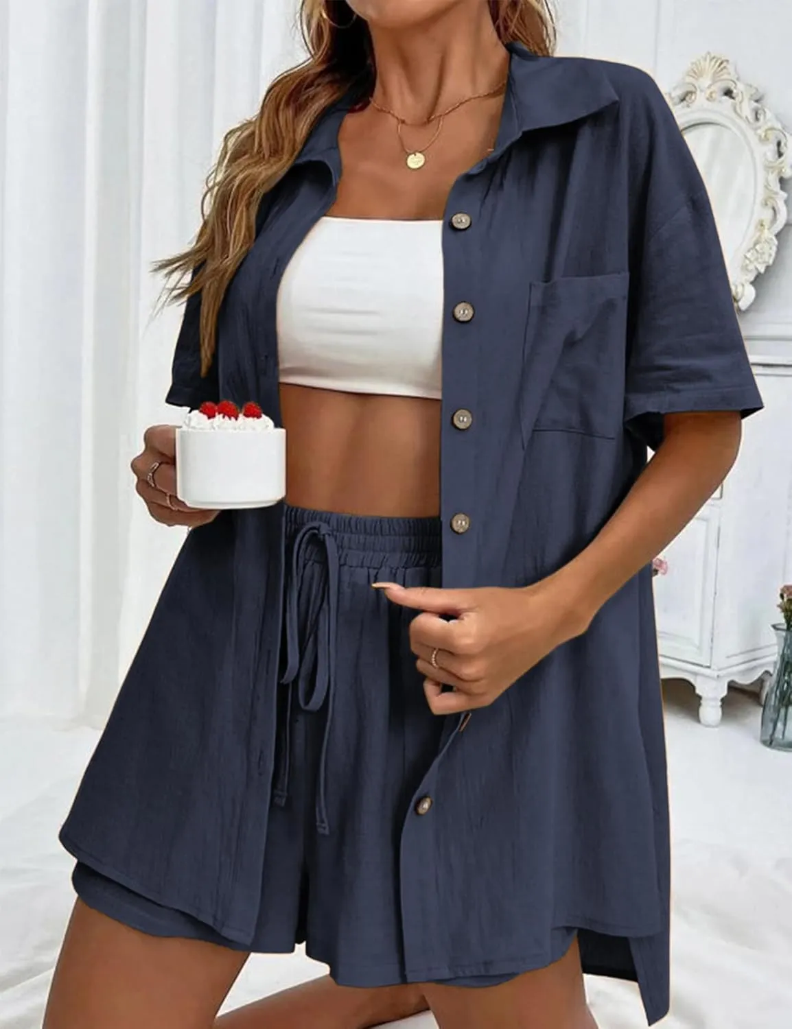 APAFES Women Summer Cotton Linen Short Sets 2 Piece Shorts Top Lounge Beach Vacation Two Piece Outfits Tracksuits