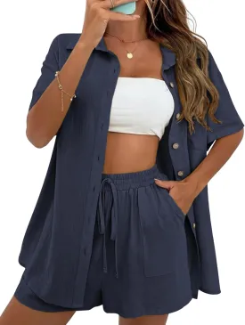 APAFES Women Summer Cotton Linen Short Sets 2 Piece Shorts Top Lounge Beach Vacation Two Piece Outfits Tracksuits