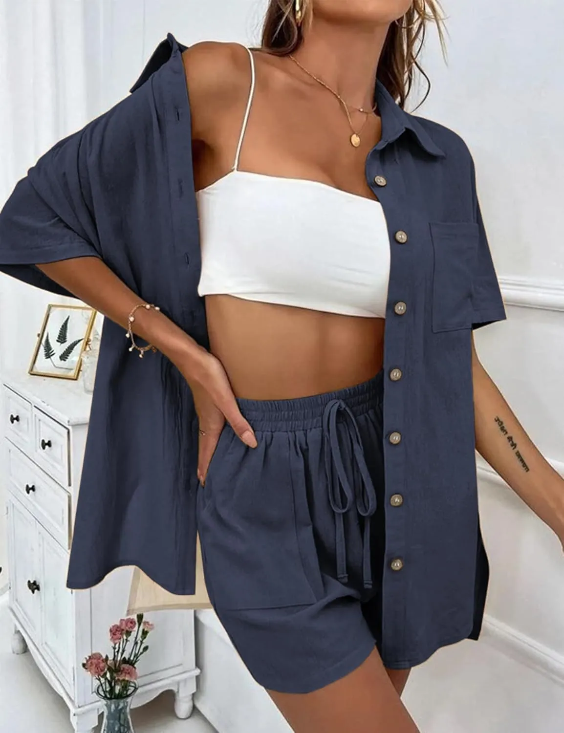 APAFES Women Summer Cotton Linen Short Sets 2 Piece Shorts Top Lounge Beach Vacation Two Piece Outfits Tracksuits