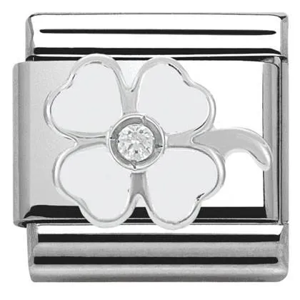 CLASSIC Silver & enamel,1 CZ,925 silver White clover  330305/1