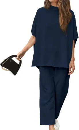 Esmeling Womens Two Piece Outfits Half Batwing Sleeve Shirt and Wide Leg Short Lounge Set Tracksuits