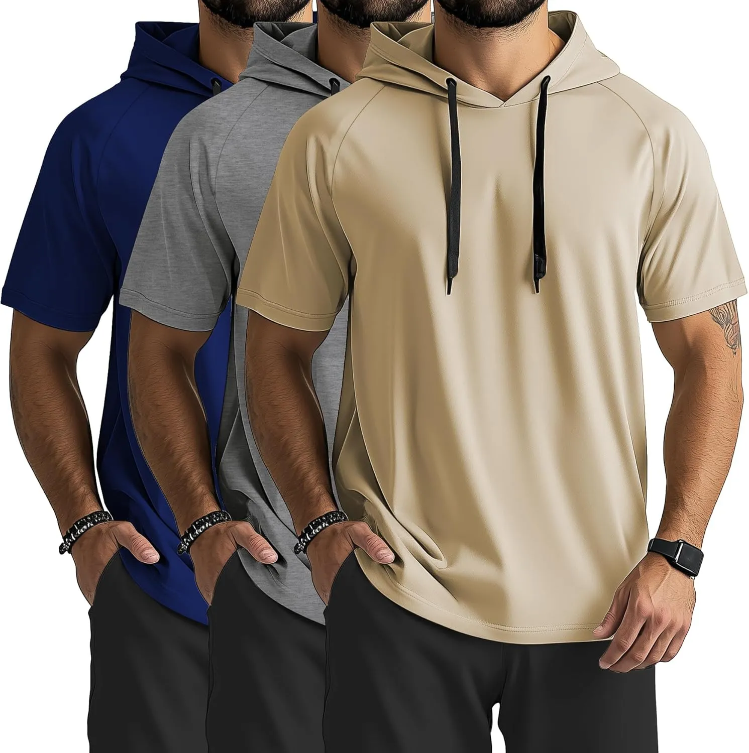 Ficerd 3 Pack Men's Short Sleeve Hoodie Dry Fit Workout Shirts Comfy Running Active Athletic Pullover Sweatshirt