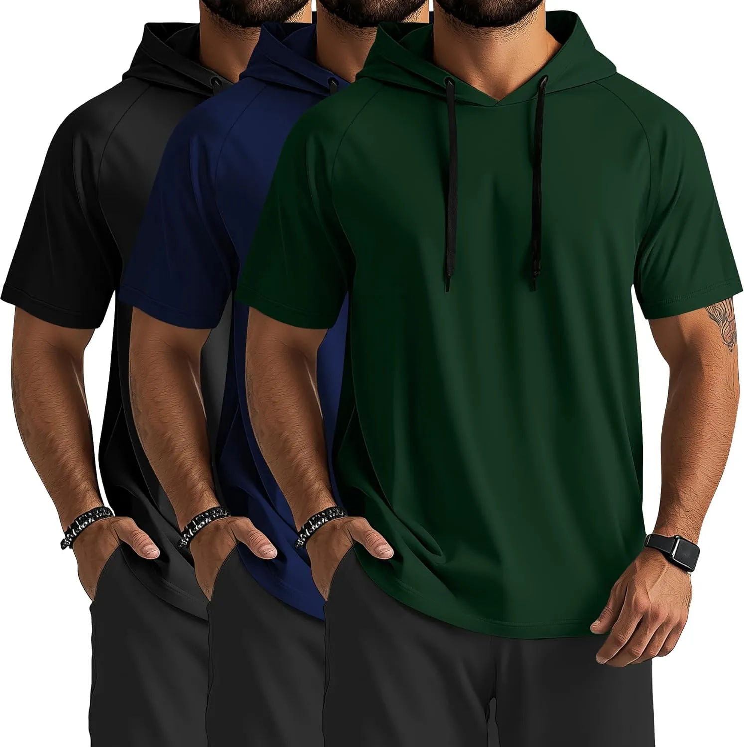 Ficerd 3 Pack Men's Short Sleeve Hoodie Dry Fit Workout Shirts Comfy Running Active Athletic Pullover Sweatshirt