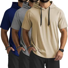 Ficerd 3 Pack Men's Short Sleeve Hoodie Dry Fit Workout Shirts Comfy Running Active Athletic Pullover Sweatshirt
