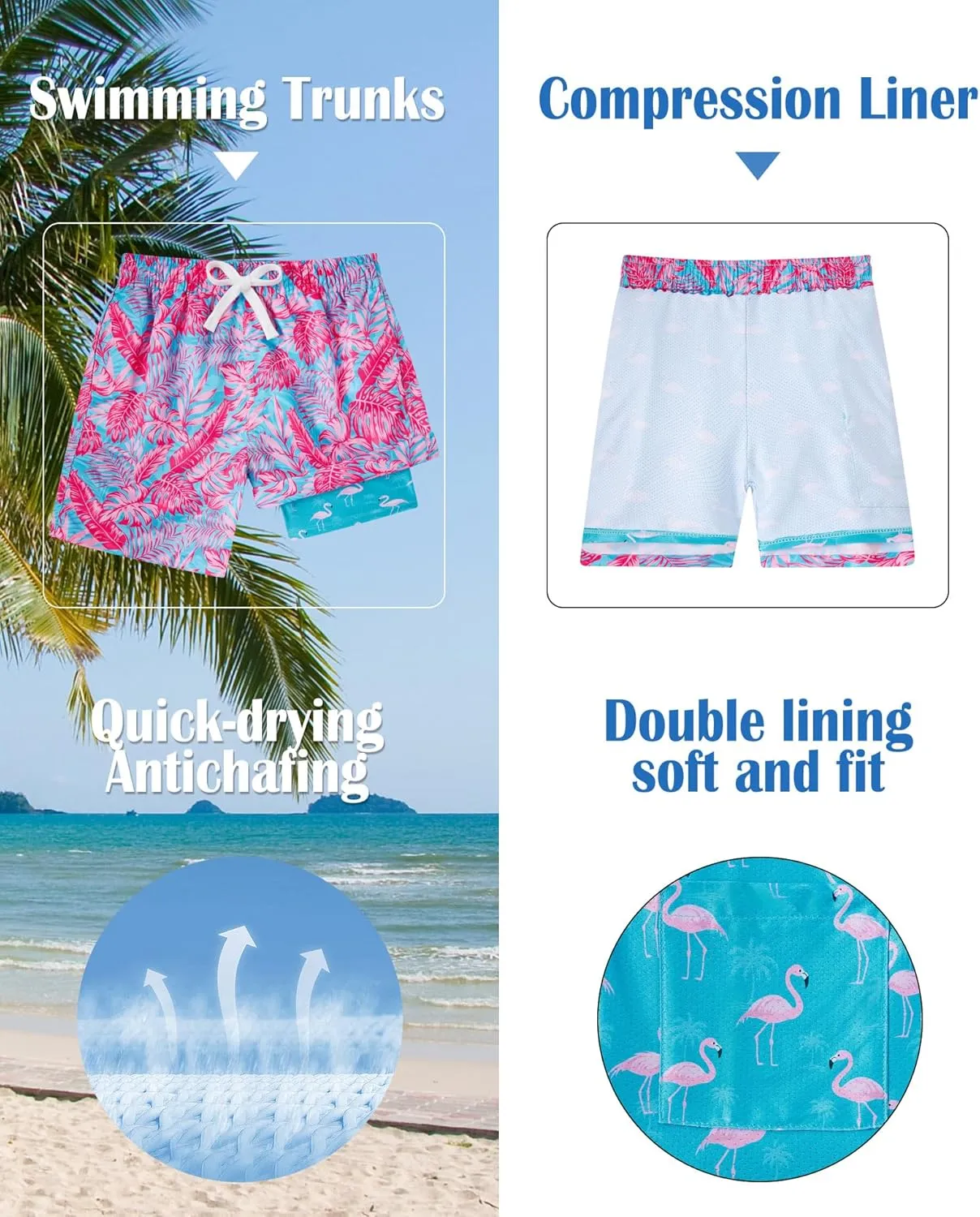 Funnycokid Boys Swim Trunks with Compression Liner Kids Anti-Chafe Swim Shorts Quick Dry Bathing Suit 5-16T