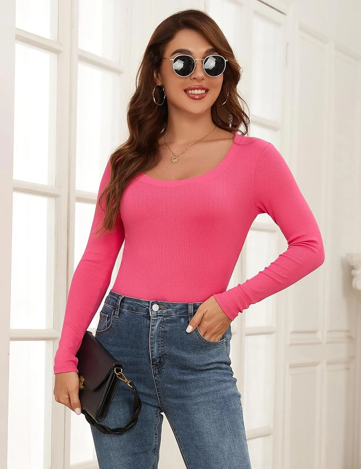 Long Sleeve Shirts for Women Scoop Neck Lightweight Stretchy Fitted Ribbed Basic Layer Tops Blouse