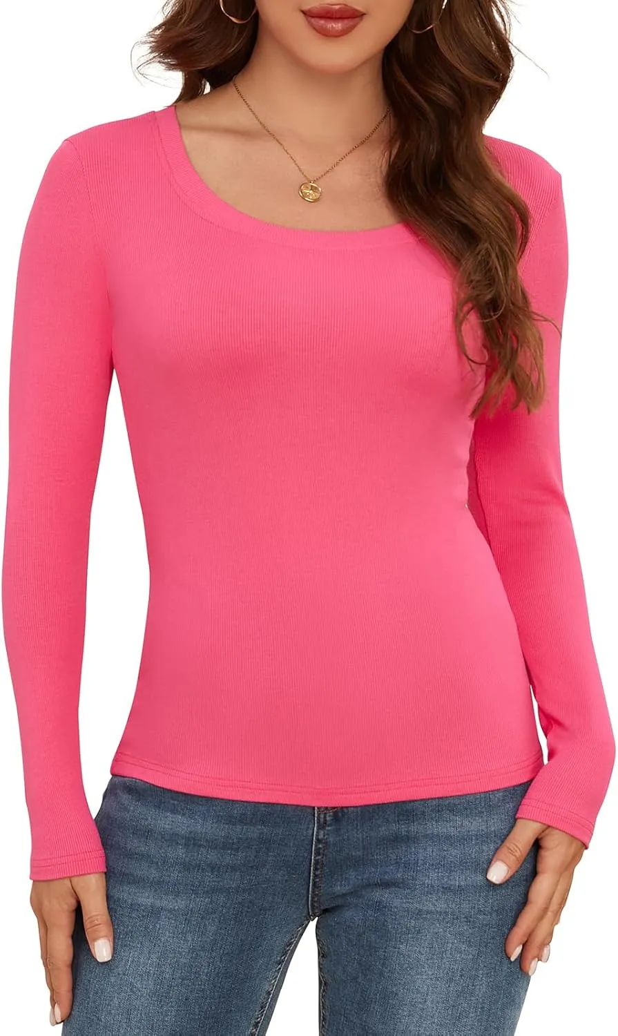 Long Sleeve Shirts for Women Scoop Neck Lightweight Stretchy Fitted Ribbed Basic Layer Tops Blouse
