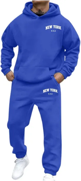 Men's Hooded Tracksuit 2 Piece Set Casual New York Letter Print Athletic Outfit with Jogger Pants Sweatsuits Sets