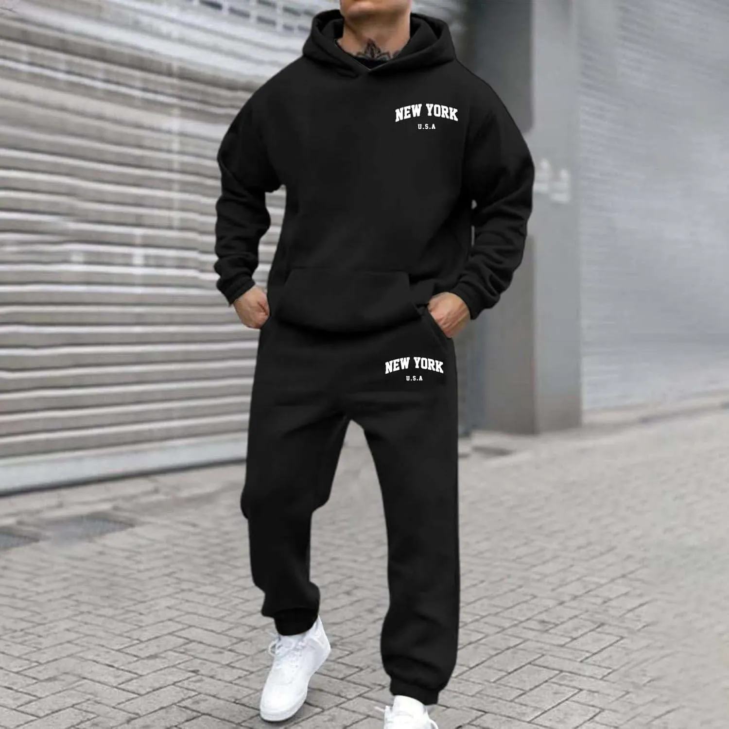 Men's Hooded Tracksuit 2 Piece Set Casual New York Letter Print Athletic Outfit with Jogger Pants Sweatsuits Sets