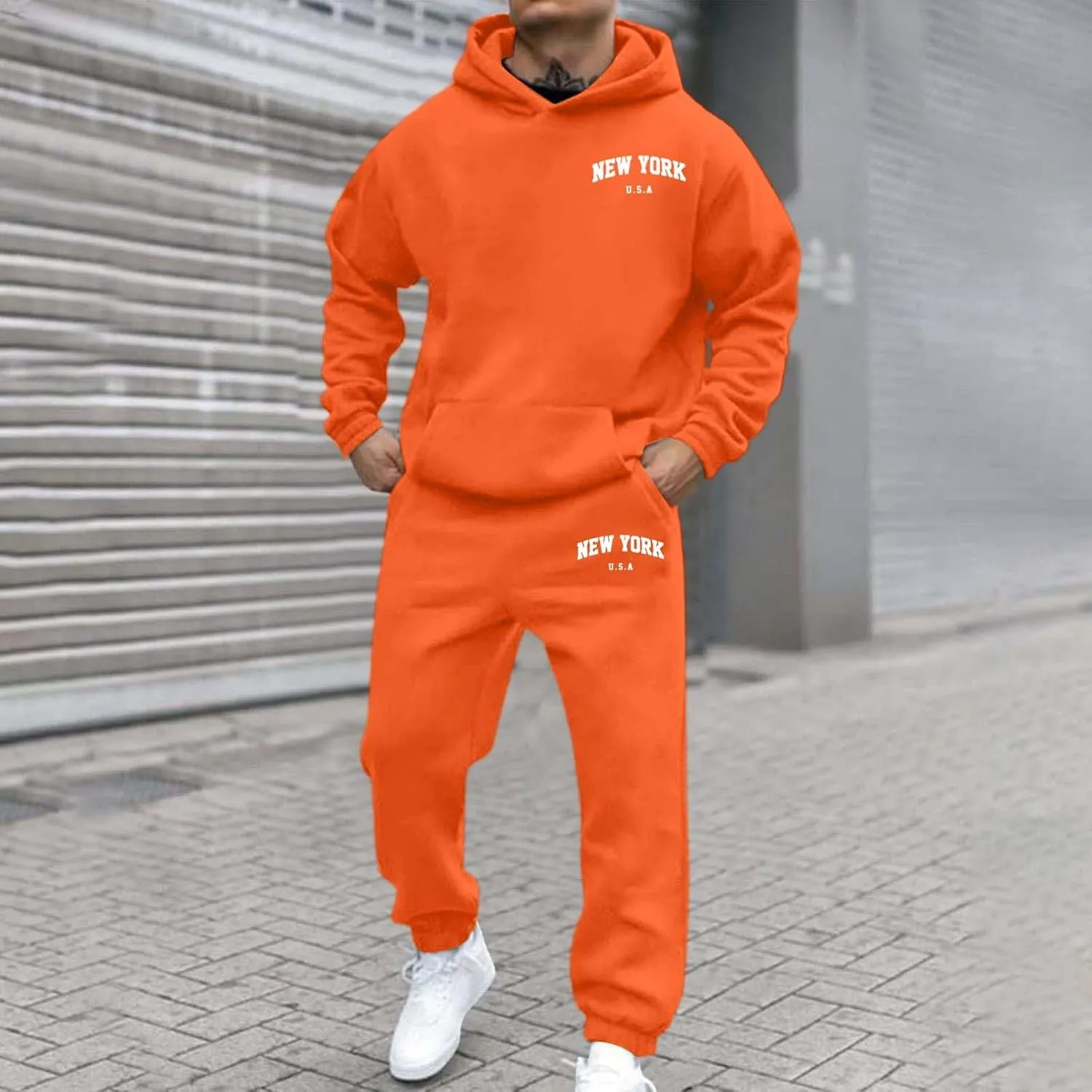 Men's Hooded Tracksuit 2 Piece Set Casual New York Letter Print Athletic Outfit with Jogger Pants Sweatsuits Sets
