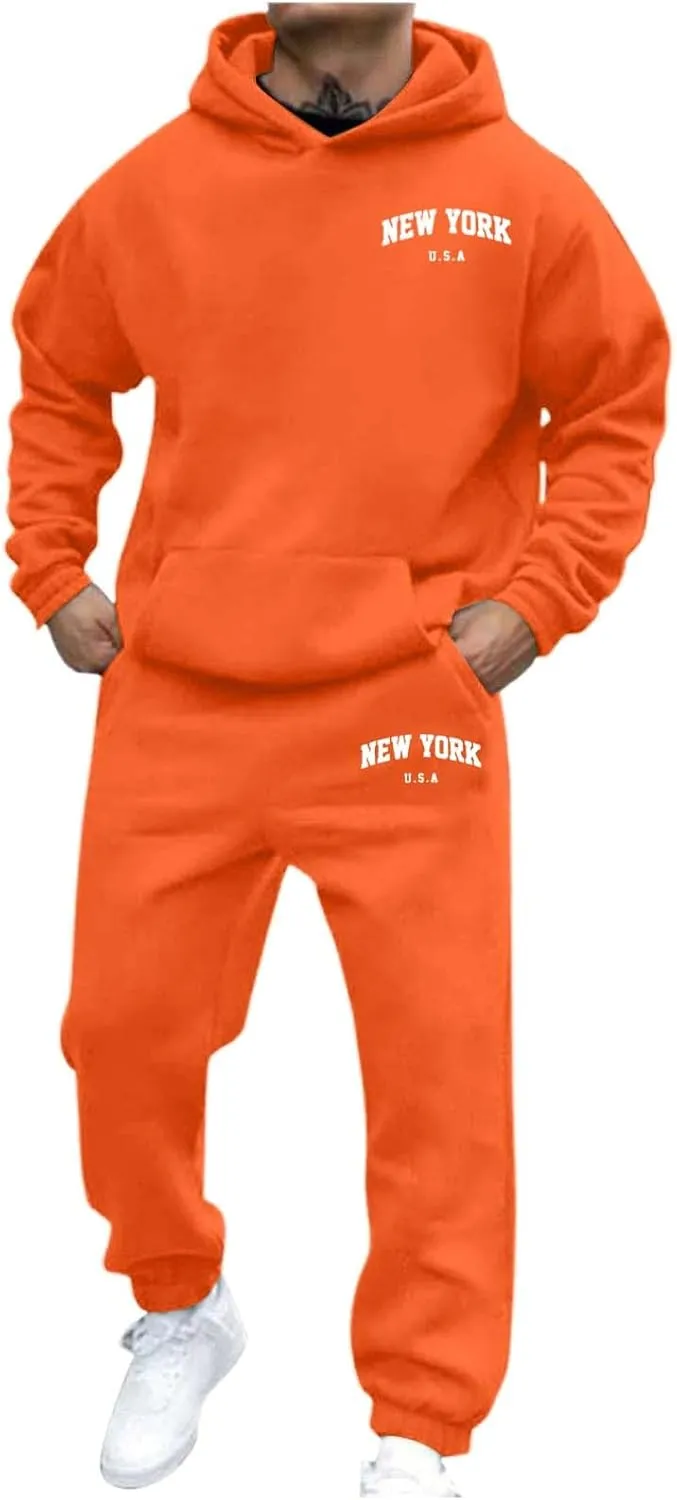 Men's Hooded Tracksuit 2 Piece Set Casual New York Letter Print Athletic Outfit with Jogger Pants Sweatsuits Sets