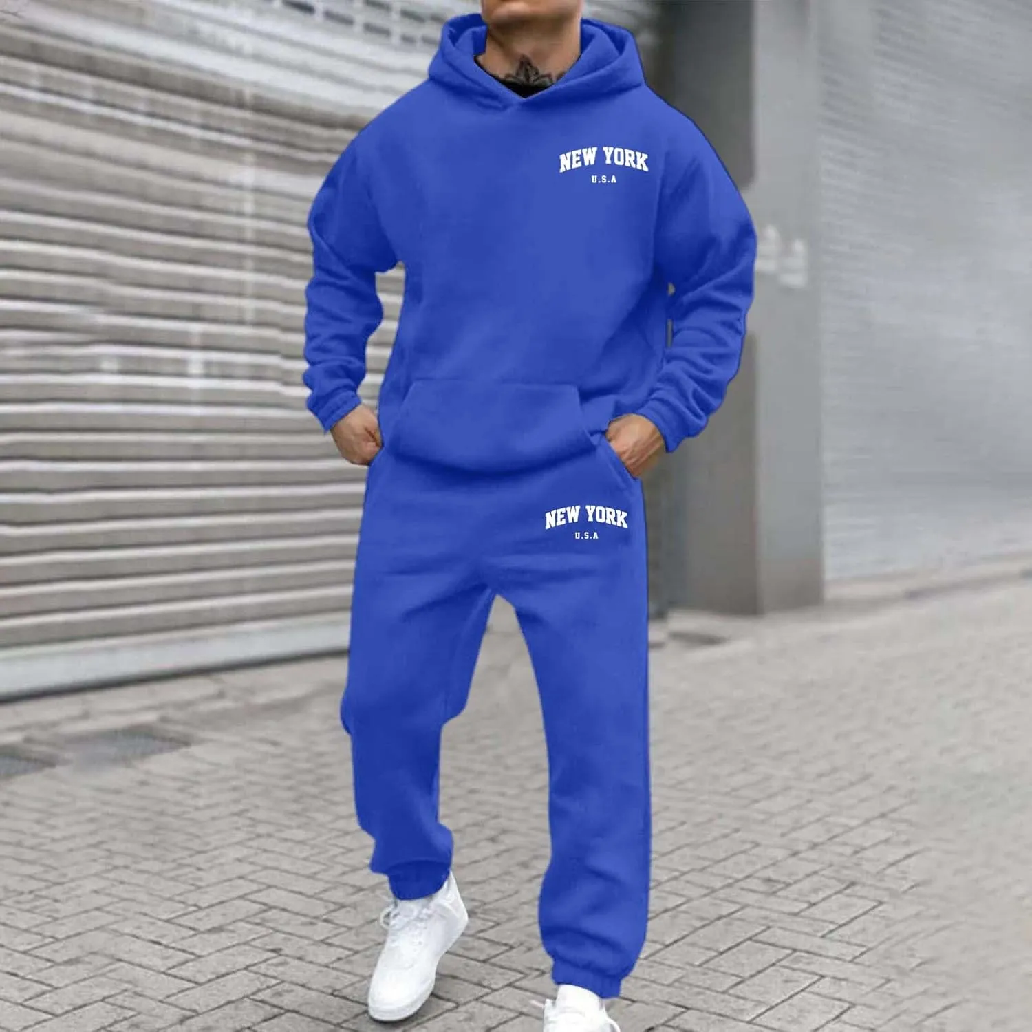 Men's Hooded Tracksuit 2 Piece Set Casual New York Letter Print Athletic Outfit with Jogger Pants Sweatsuits Sets