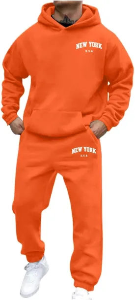 Men's Hooded Tracksuit 2 Piece Set Casual New York Letter Print Athletic Outfit with Jogger Pants Sweatsuits Sets