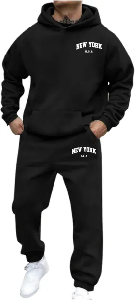 Men's Hooded Tracksuit 2 Piece Set Casual New York Letter Print Athletic Outfit with Jogger Pants Sweatsuits Sets
