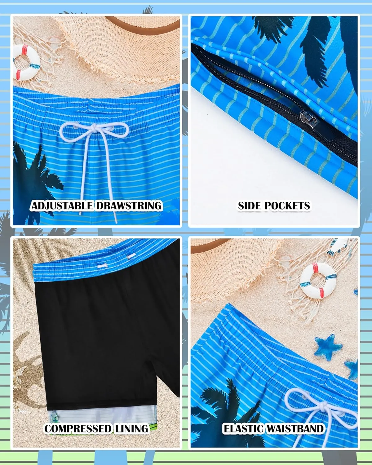 Mens Swim Trunks with Compression Liner Quick Dry Bathing Suits Board Beach Shorts Swim Shorts with Zipper Pocket