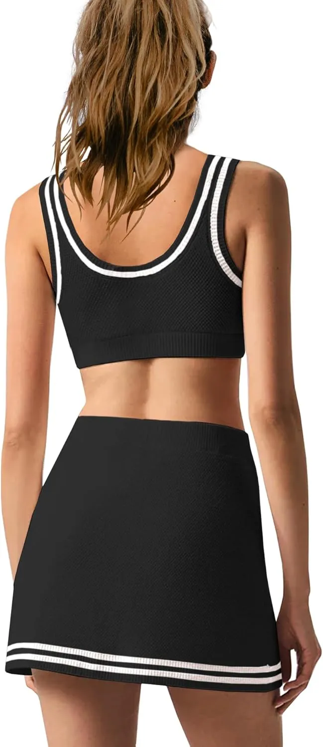 Panadila Womens 2 Piece Skirt Set Workout Outfits Tennis Skorts with Built-in Shorts and Sports Bra Gym Yoga