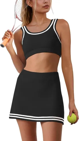 Panadila Womens 2 Piece Skirt Set Workout Outfits Tennis Skorts with Built-in Shorts and Sports Bra Gym Yoga