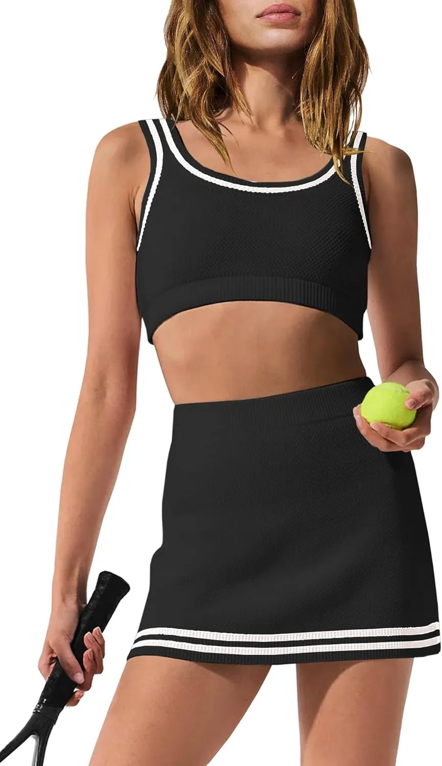 Panadila Womens 2 Piece Skirt Set Workout Outfits Tennis Skorts with Built-in Shorts and Sports Bra Gym Yoga