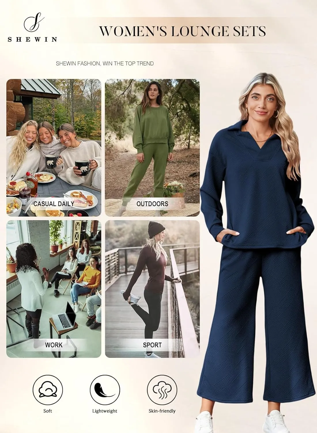 SHEWIN 2 Piece Sets for Women Collared V Neck Long Sleeve Polo Shirts Tops Lounge Set Tracksuits Sweatsuits