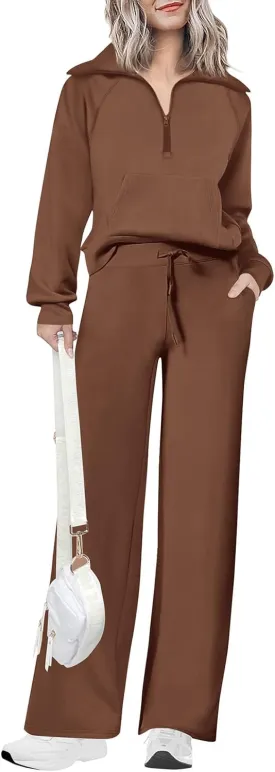 Women 2 Piece Half Zip Sweatsuit Fall Outfits 2024 Casual Sweatshirt Wide Leg Sweatpants Matching Lounge Set Tracksuit