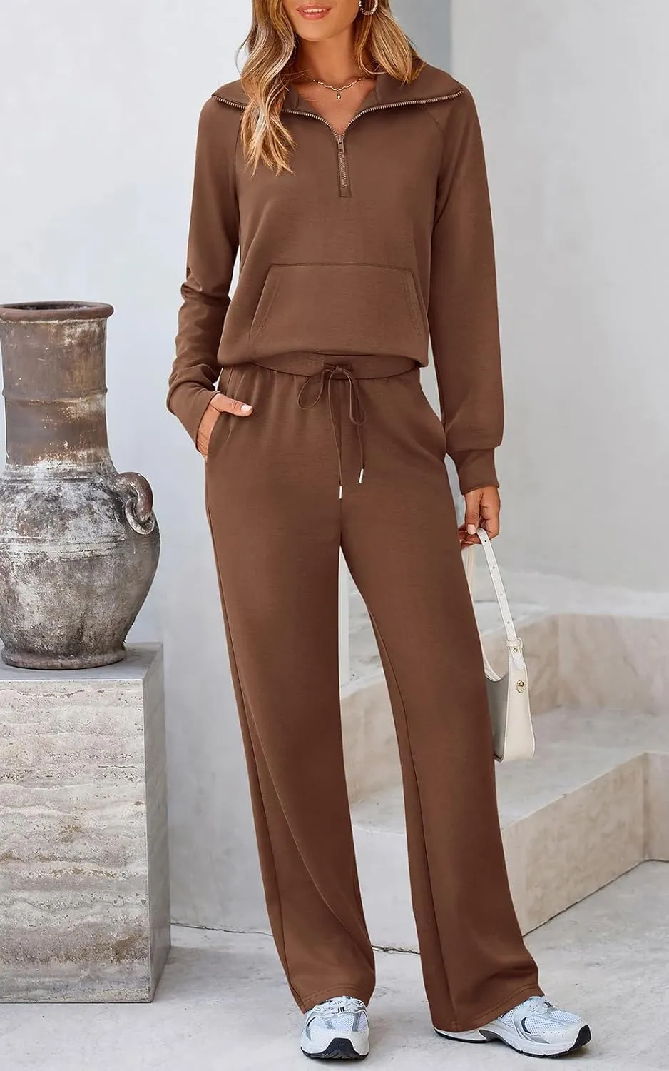 Women 2 Piece Half Zip Sweatsuit Fall Outfits 2024 Casual Sweatshirt Wide Leg Sweatpants Matching Lounge Set Tracksuit