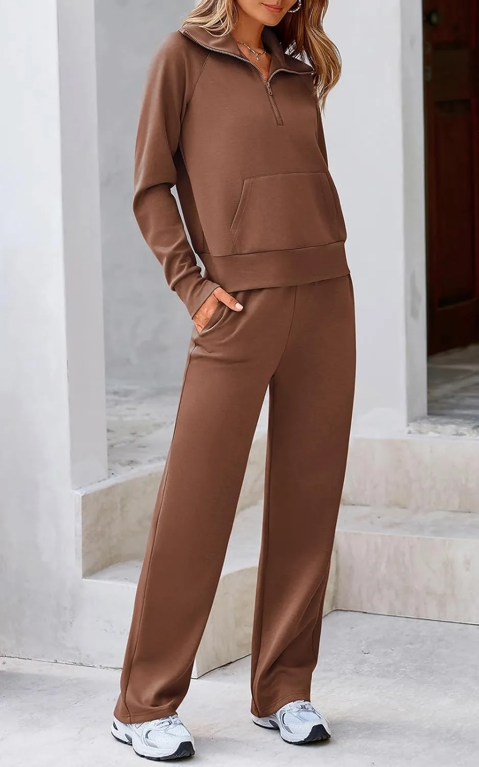 Women 2 Piece Half Zip Sweatsuit Fall Outfits 2024 Casual Sweatshirt Wide Leg Sweatpants Matching Lounge Set Tracksuit