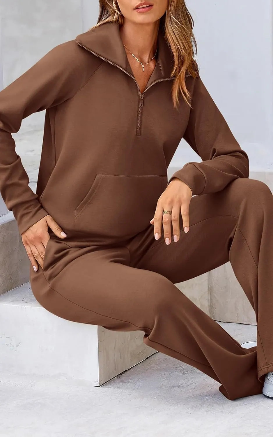 Women 2 Piece Half Zip Sweatsuit Fall Outfits 2024 Casual Sweatshirt Wide Leg Sweatpants Matching Lounge Set Tracksuit
