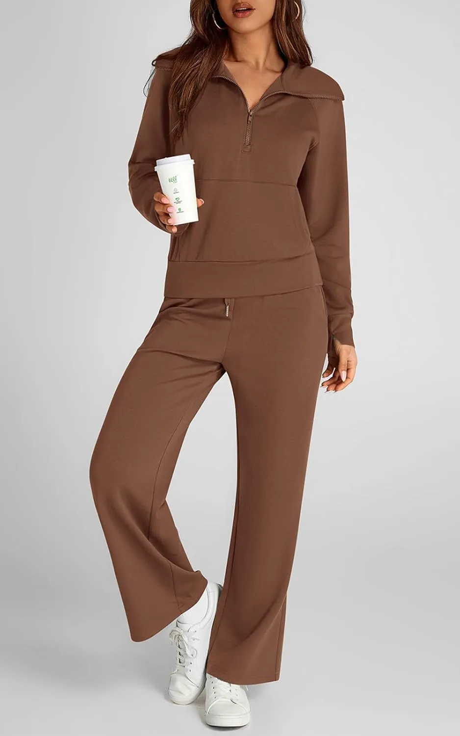 Women 2 Piece Half Zip Sweatsuit Fall Outfits 2024 Casual Sweatshirt Wide Leg Sweatpants Matching Lounge Set Tracksuit