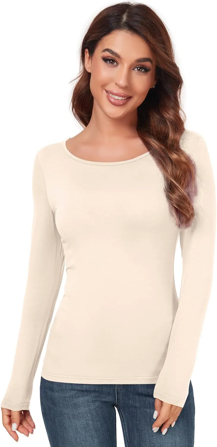 Women's Scoop Neck Tops Long Sleeve Slim Fit T Shirt Thermal Blouse Basic Layer Shirts