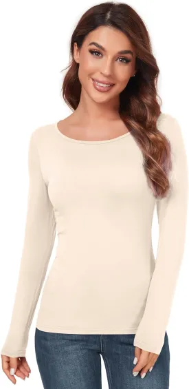 Women's Scoop Neck Tops Long Sleeve Slim Fit T Shirt Thermal Blouse Basic Layer Shirts